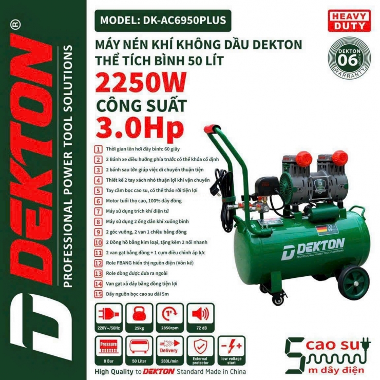 Máy nén khí không dầu 50 lít Dekton DK-AC8950PLUS  3.0Hp 
