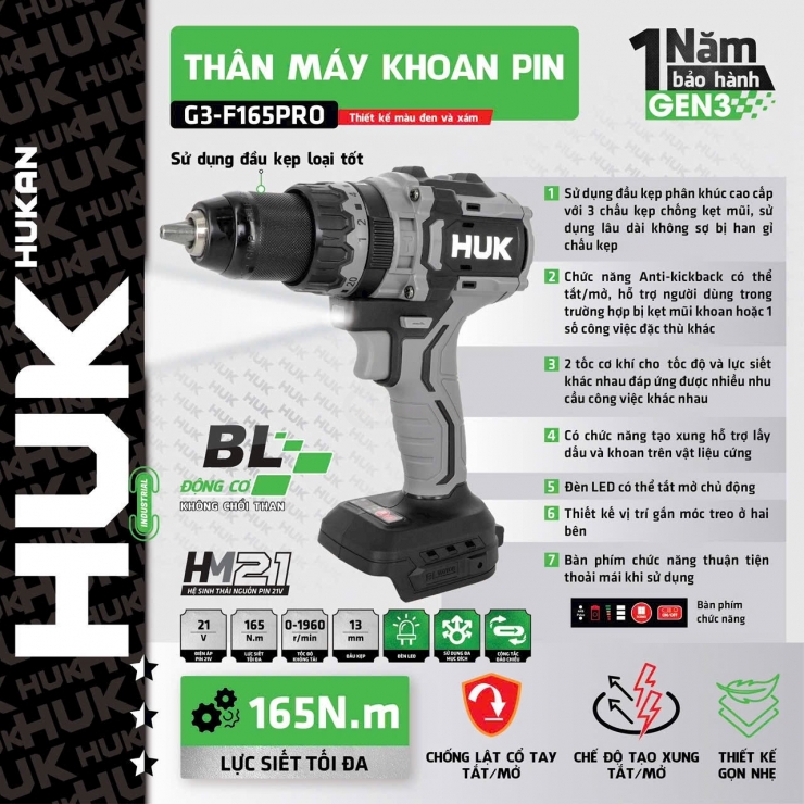 Máy khoan pin 165Nm Hukan G3-F165PRO Brushless Gen 3
