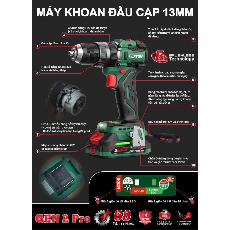 Máy khoan Pin 21V Dekton M21-KB1368PRO tạo xung - Turbo / ECO