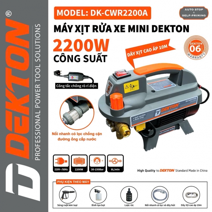 Máy rửa xe 2200W Dekton DK-CWR2200A chỉnh áp - chống giật