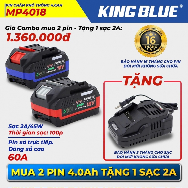 Pin 18V Kingblue 4.0Ah MP4018 ( 10cell xả 60A )