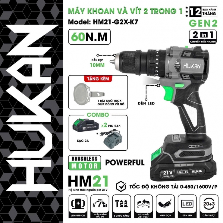Máy khoan Pin 10mm Hukan HK-G2C-K7 ( 2 trong 1 )