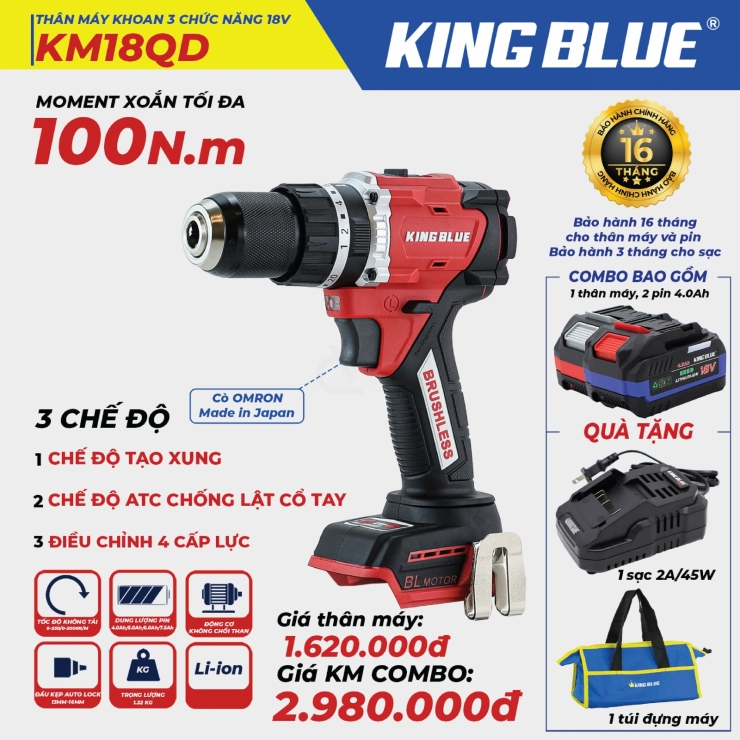 Máy khoan Pin 100Nm KINGBLUE KM18QD ( 3 chức năng )