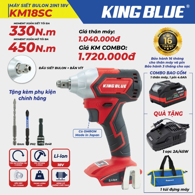Máy siết bulong Pin 330Nm Kingblue KM18SC ( 2 trong 1 )