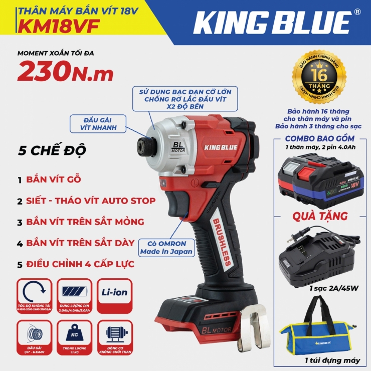 Máy bắn vít Pin 230Nm Kingblue KM18VF 