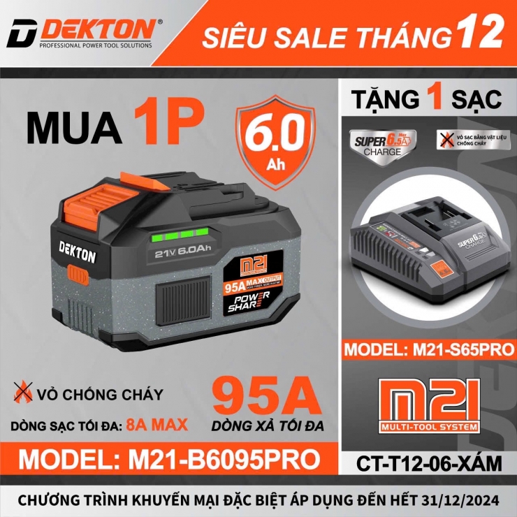 Pin 21V Dekton M21-B6095PRO ( 15 cell 6.0Ah xả 95A )