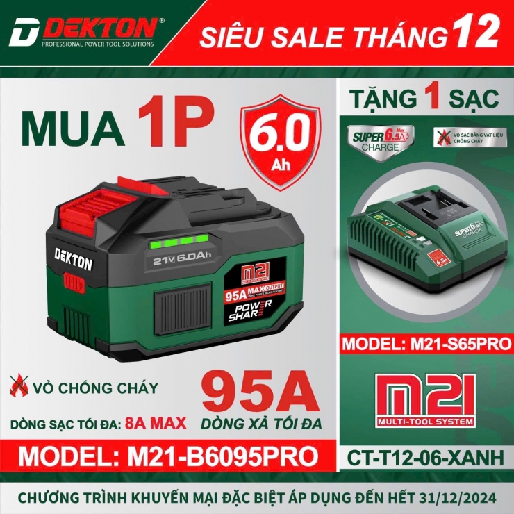 Pin 21V Dekton M21-B6095PRO ( 15 cell 6.0Ah xả 95A )