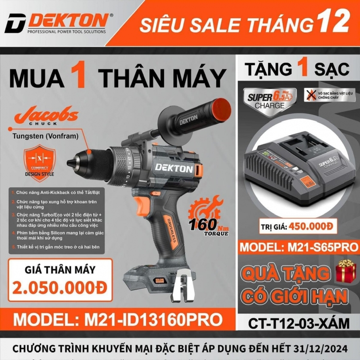 Máy khoan Pin 160Nm Dekton M21-ID13160Plus Brushless