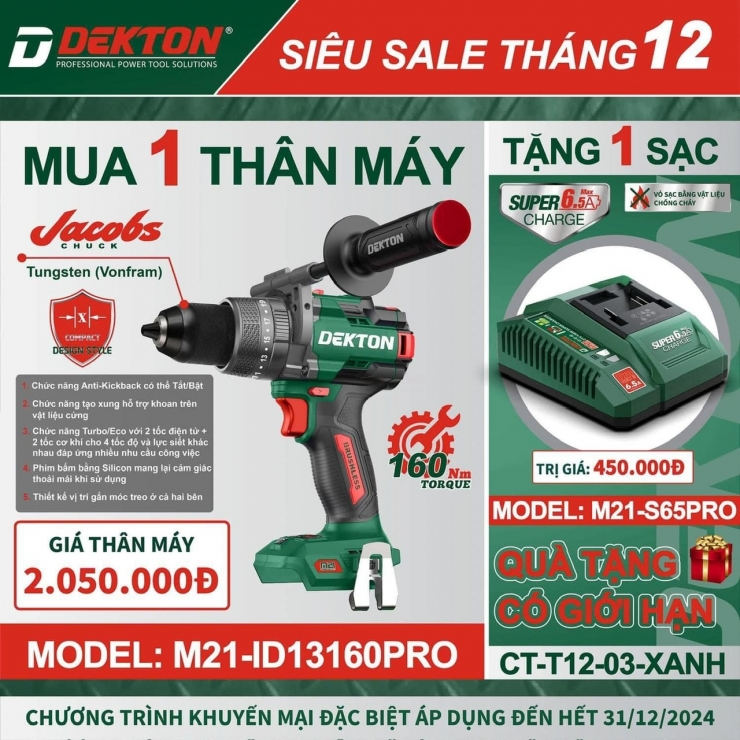 Máy khoan Pin 160Nm Dekton M21-ID13160Plus Brushless