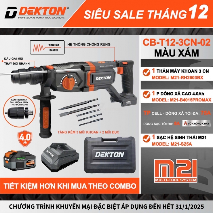 Khoan động lực Pin 21V Dekton M21-RH2603BX Brushless 3 chức năng