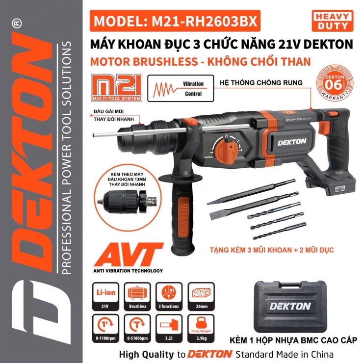 Khoan động lực Pin 21V Dekton M21-RH2603BX Brushless 3 chức năng