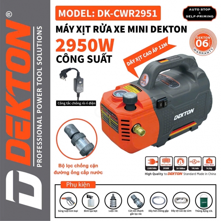 Máy xịt rửa xe áp cao 2950W Dekton DK-CWR2951 có chỉnh áp