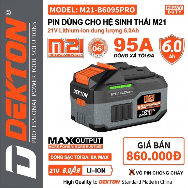 Pin 21V Dekton M21-B6095PRO ( 15 cell 6.0Ah xả 95A )