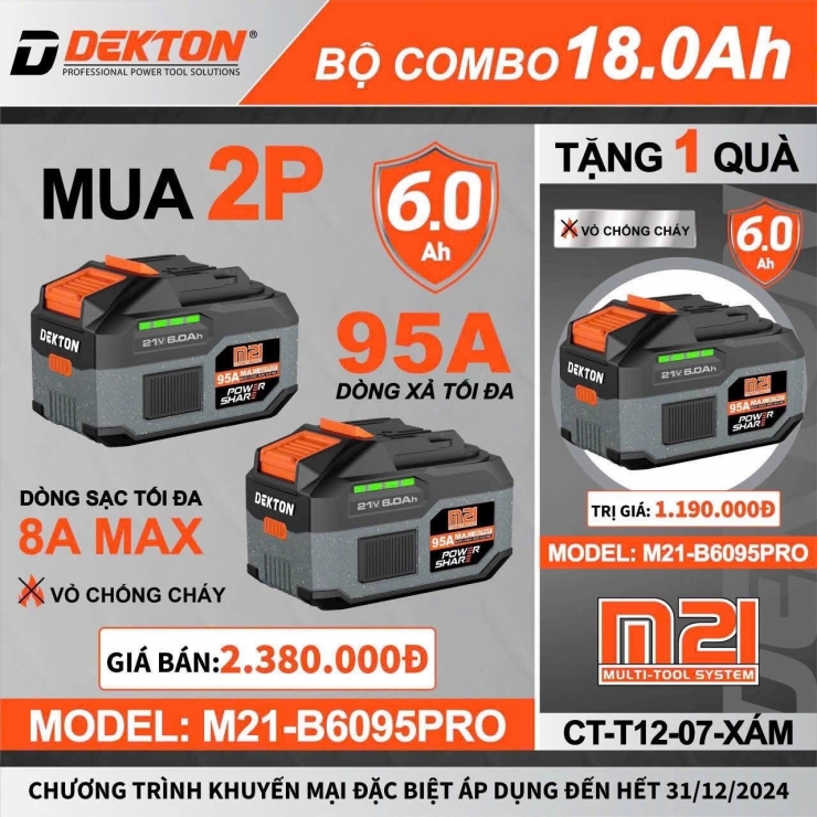 Pin 21V Dekton M21-B6095PRO ( 15 cell 6.0Ah xả 95A )