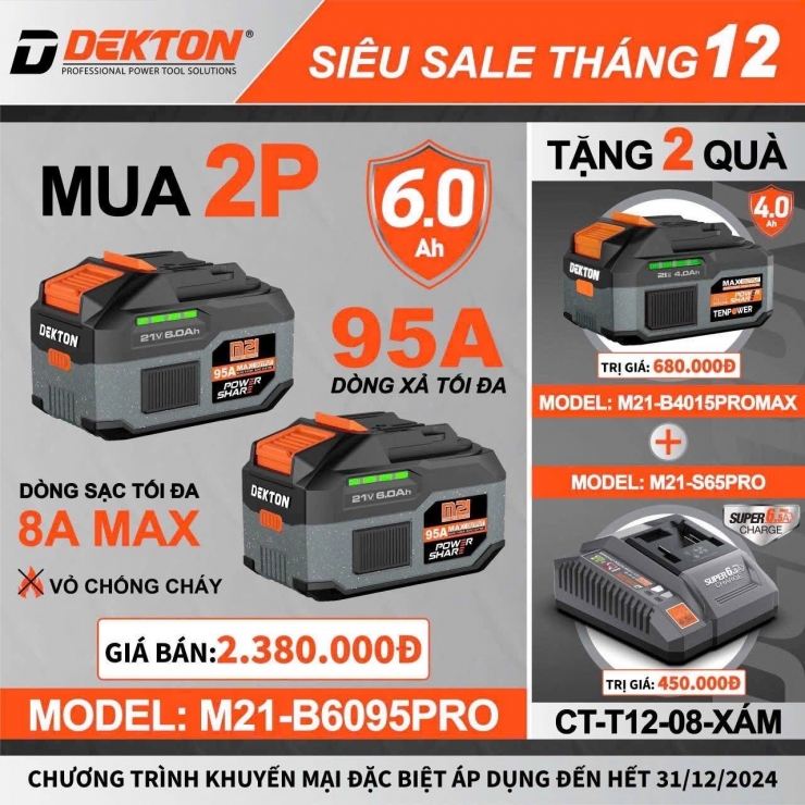 Pin 21V Dekton M21-B6095PRO ( 15 cell 6.0Ah xả 95A )