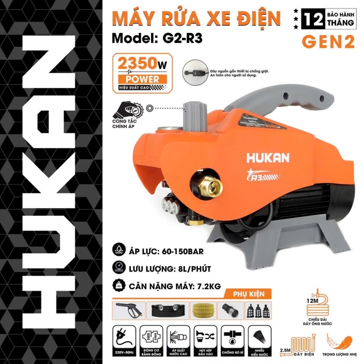 Máy rửa xe 2350W chỉnh áp Hukan G2-R3
