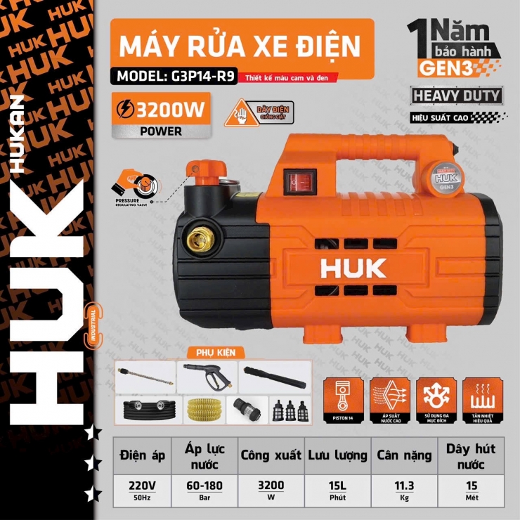 Máy rửa xe 3200W áp cao Hukan G3P14-R9 có chỉnh áp