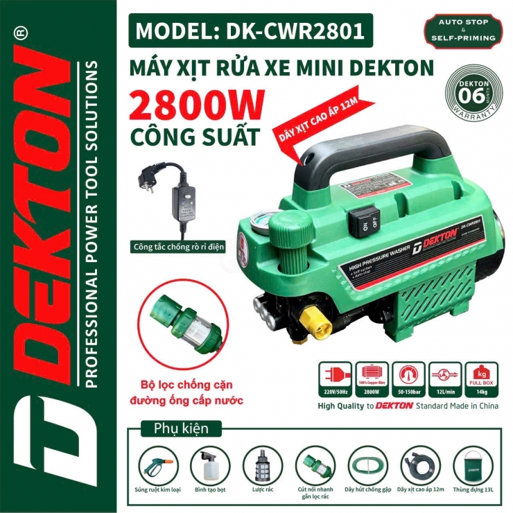 Máy xịt rửa xe 2800W Dekton DK-CWR2801 chỉnh áp - chống giật