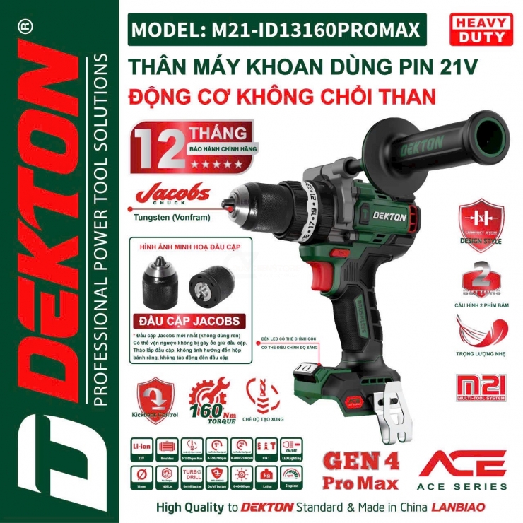 Thân máy khoan Pin 160Nm Dekton M21-ID13160PROMAX Gen 4 ( chưa Pin & Sạc )