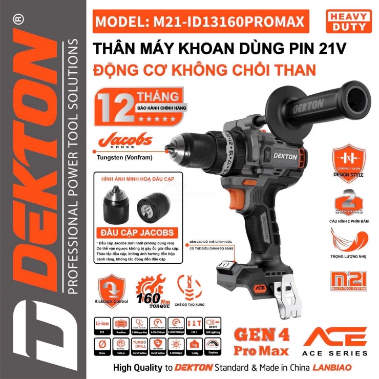 Thân máy khoan Pin 160Nm Dekton M21-ID13160PROMAX Gen 4 ( chưa Pin & Sạc )