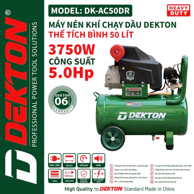 Máy nén khí 50 lít Dekton DK-AC50DR có dầu 5.0Hp