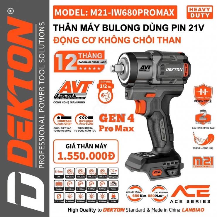 Máy siết bulong Pin 21V Dekton M21-IW680PROMAX AVT Gen4