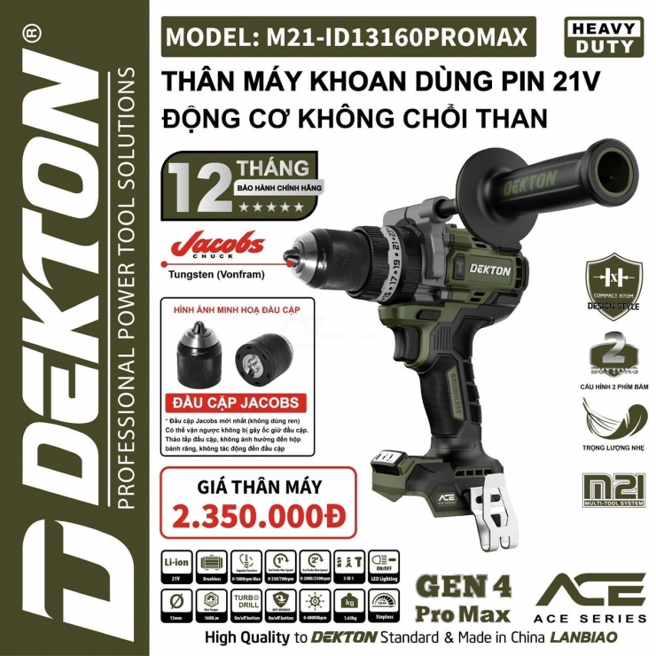Máy khoan 160Nm Pin 21V Dekton M21-ID13160PROMAX