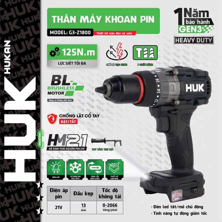 Máy khoan Pin 125Nm Hukan HM21-G3-Z1800 Tạo xung , Antikick Back On/Off