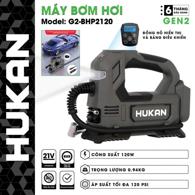 Máy bơm lốp xe Pin 21V Hukan G2-BHP2120