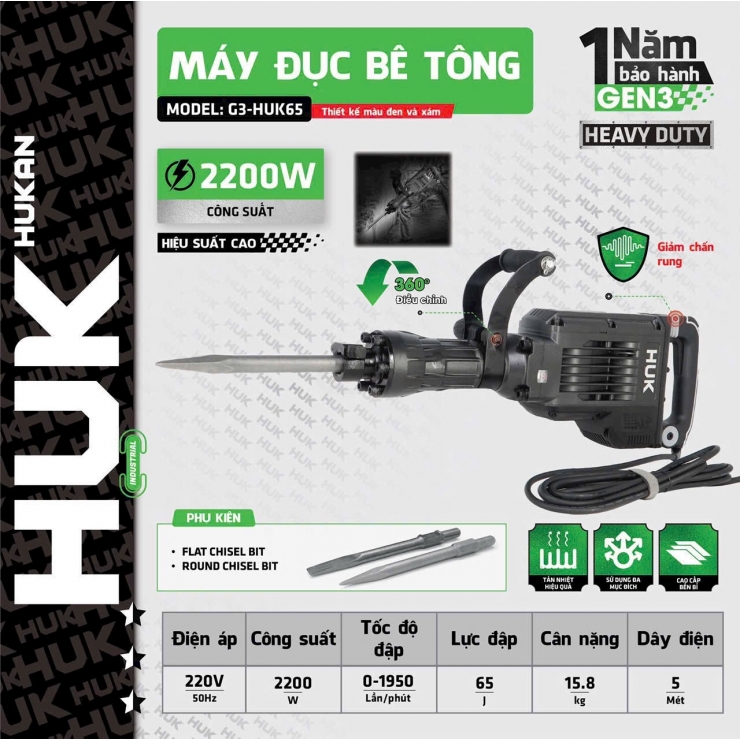Máy đục bê tông 30mm Hukan G3-HUK65 2200W