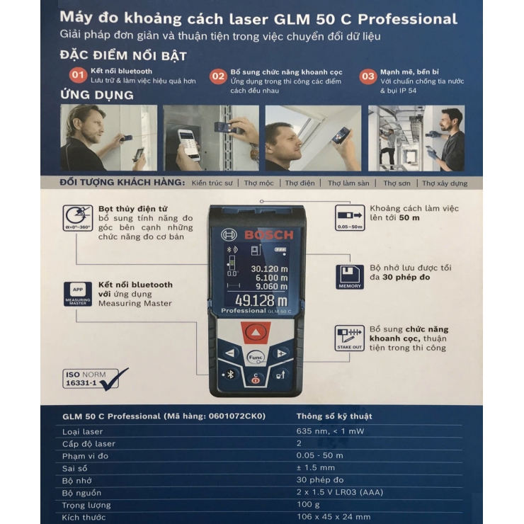 Thước đo khoảng cách laser 50m Bosch GLM 50 C Professional
