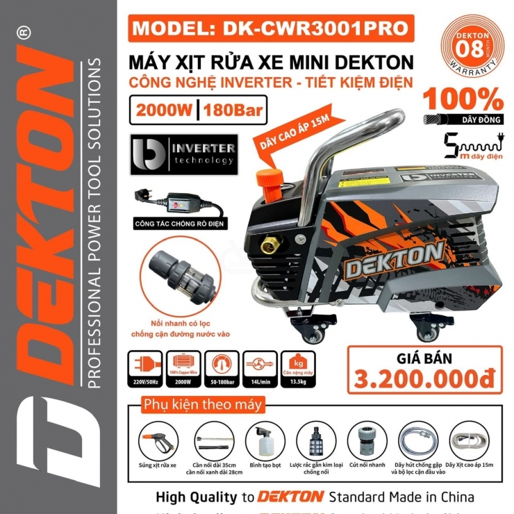 Máy xịt rửa áp cao 180Bar Dekton DK-CWR3001Promax Inverter Xe Đẩy