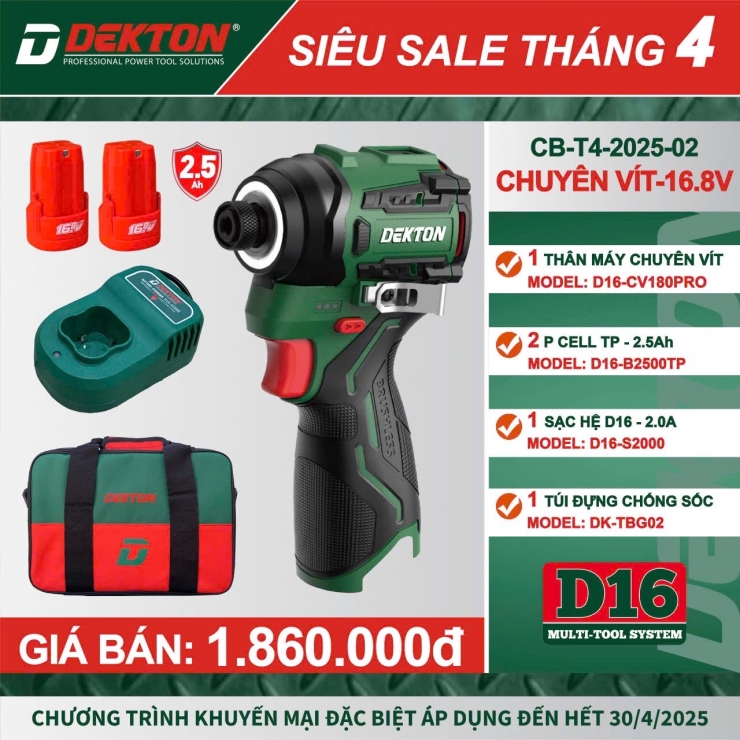 Máy siết vít 180Nm Pin Dekton D16-CV180XPRO Brushless