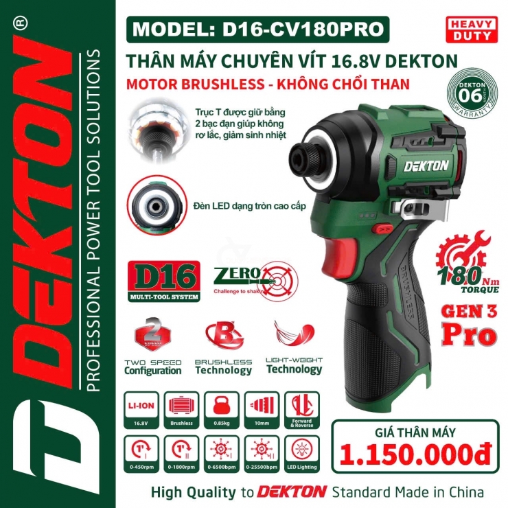 Combo chuyên vít búa Pin 180Nm Dekton D16-CV180PRO Gen3