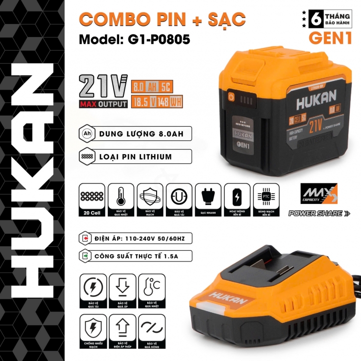 Pin 21V Hukan 20cell 8.0Ah M21-G1-P0805