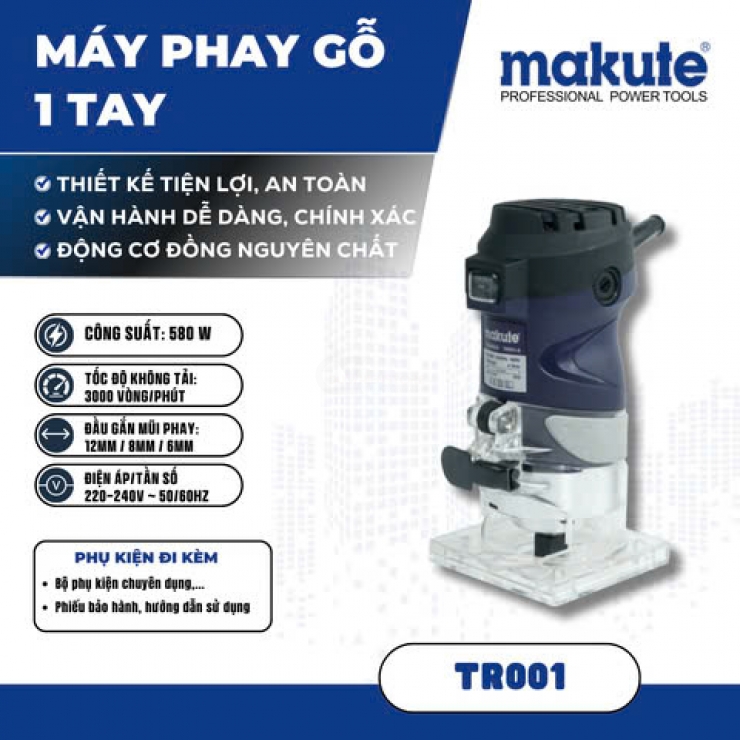 Máy phay gỗ, alu 6mm Makute TR001 580W