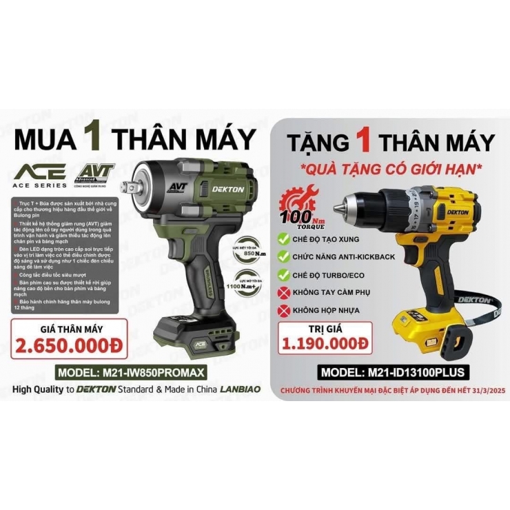 Combo máy siết bulong 850Nm Pin 21V Dekton M21-IW850PROMAX Gen4