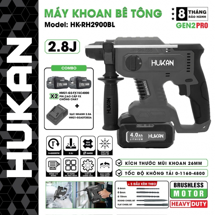 Máy khoan động lực Pin 21V Hukan HK-HK2900BL Gen2