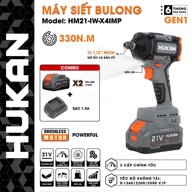 Máy siết bulong Pin 21V Hukan HM21-IW-X4IMP Brushless 