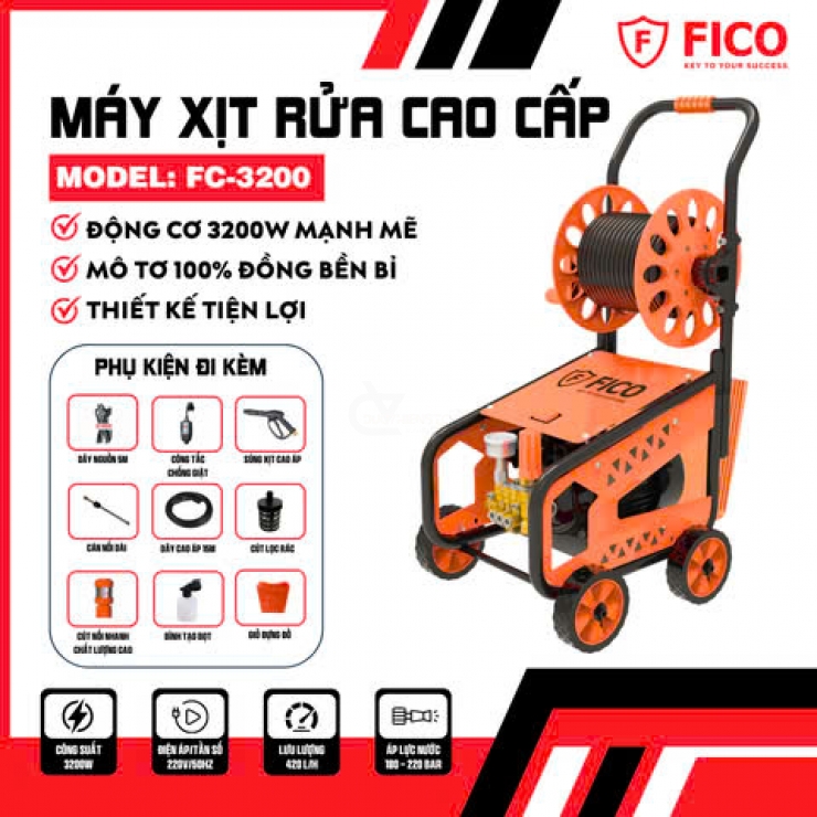Máy rửa xe cao áp 3.2kW FICO FC-3200 chỉnh áp xe đẩy
