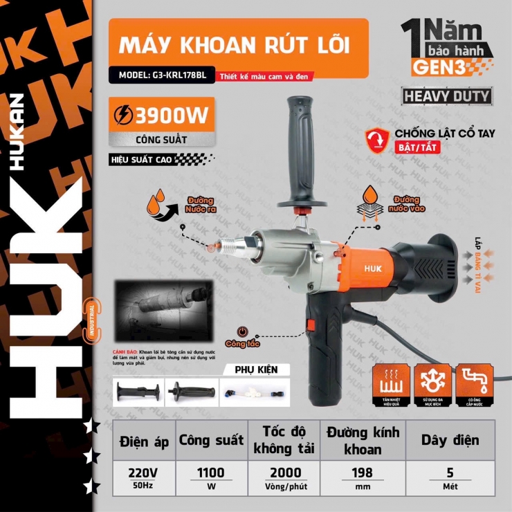 Máy khoan rút lõi 3900W Hukan G3-KRL178BL ( Bruhless , Antikick Back )