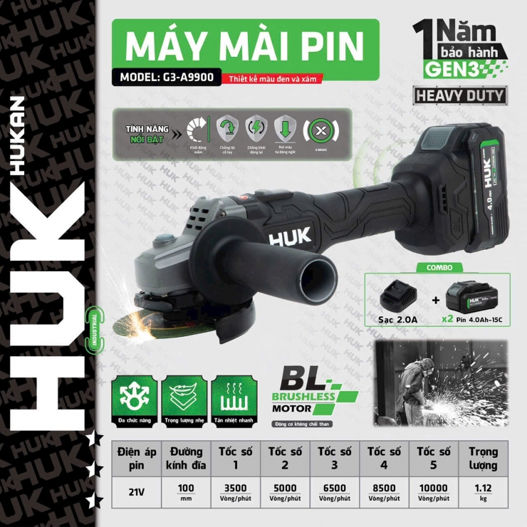 Combo máy mài góc Pin 21V Hukan G3-A9900 Brushless