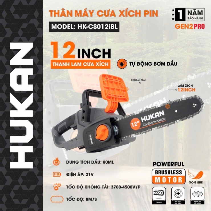 Máy cưa xích Pin 12inch Hukan HK-CS012iBL Brushless