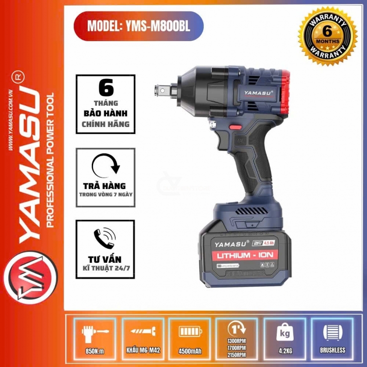 Combo máy bắn bulong 850Nm Pin 21V Yamasu YMS-M800BL