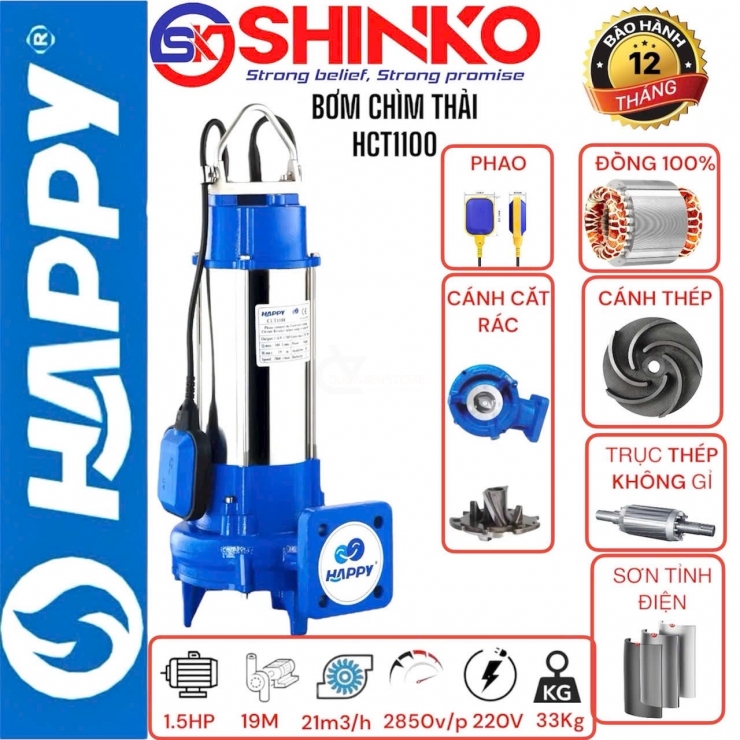 Máy bơm chìm nước thải 1.1kW Happy HCT1100 lưỡi cắt rác & phao