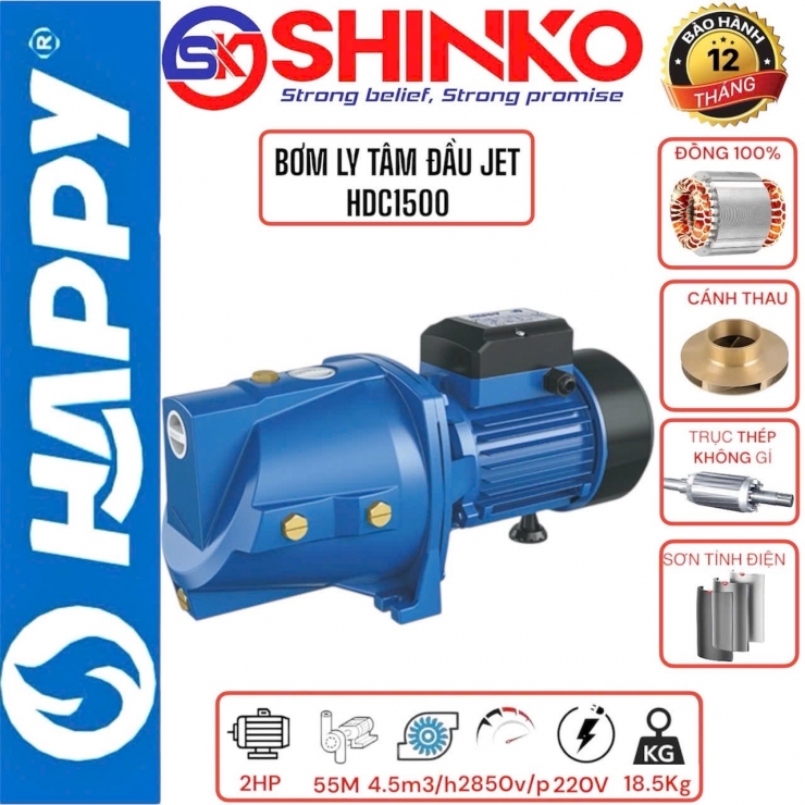 Máy bơm đầu JET 1.5kW đẩy cao 55m Happy HDC1500