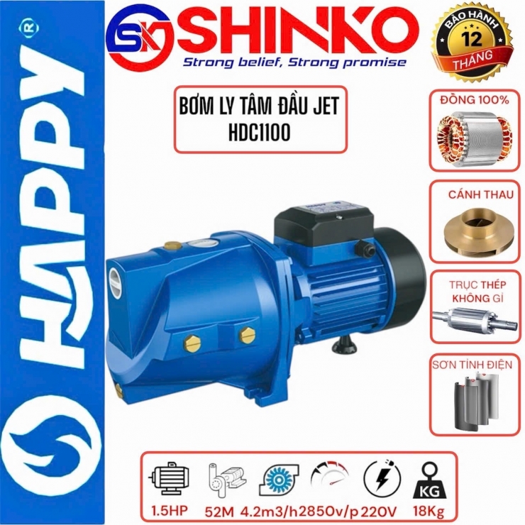 Máy bơm đầu JET 1.1kW đẩy cao 52m Happy HDC1100