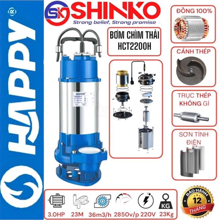 Máy bơm chìm nước thải Inox 2.2kW Happy HCT2200 