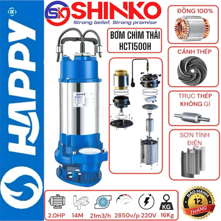 Máy bơm chìm nước thải Inox 1.5kW Happy HCT1500H