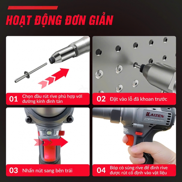 Máy rút rive Pin 21V Kaizen KZ-RG10000N Brushless (Φ) 2.4 - 4.8mm